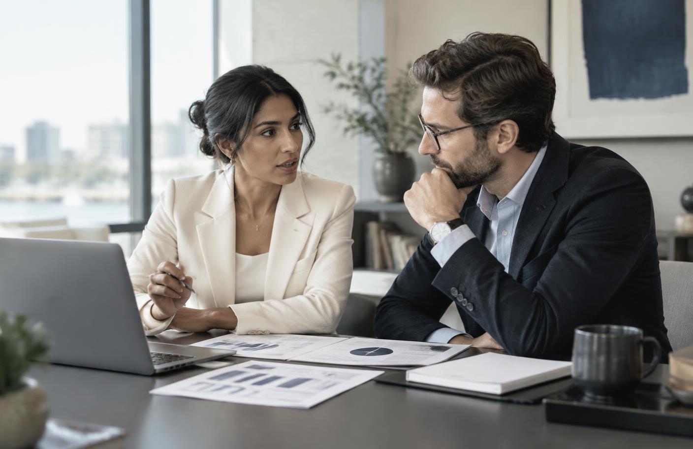 Une dirigeante analyse son développement commercial avec un partenaire